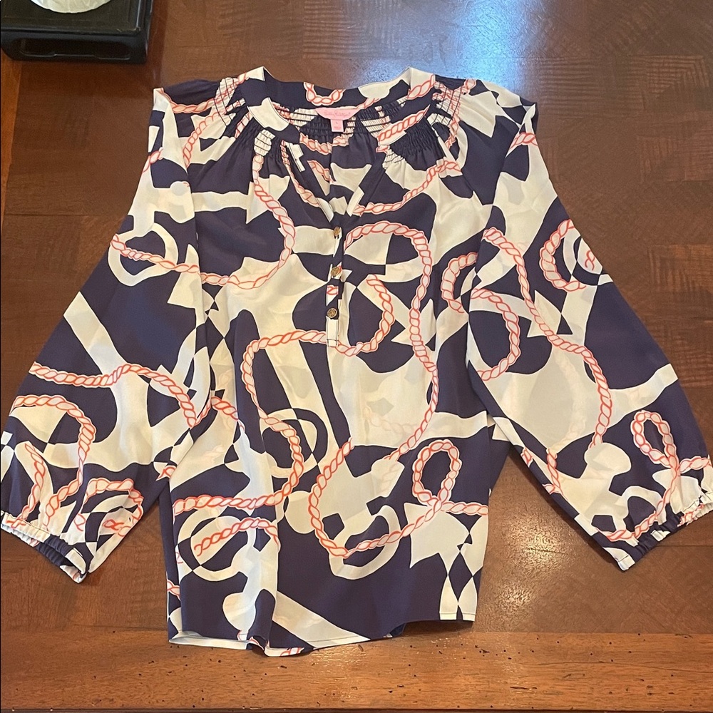 Lilly Pulitzer Navy and Pink Rope Print Blouse